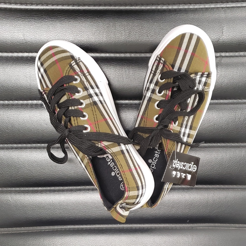 Olive Green Plaid Sneakers for Girls - Brand New